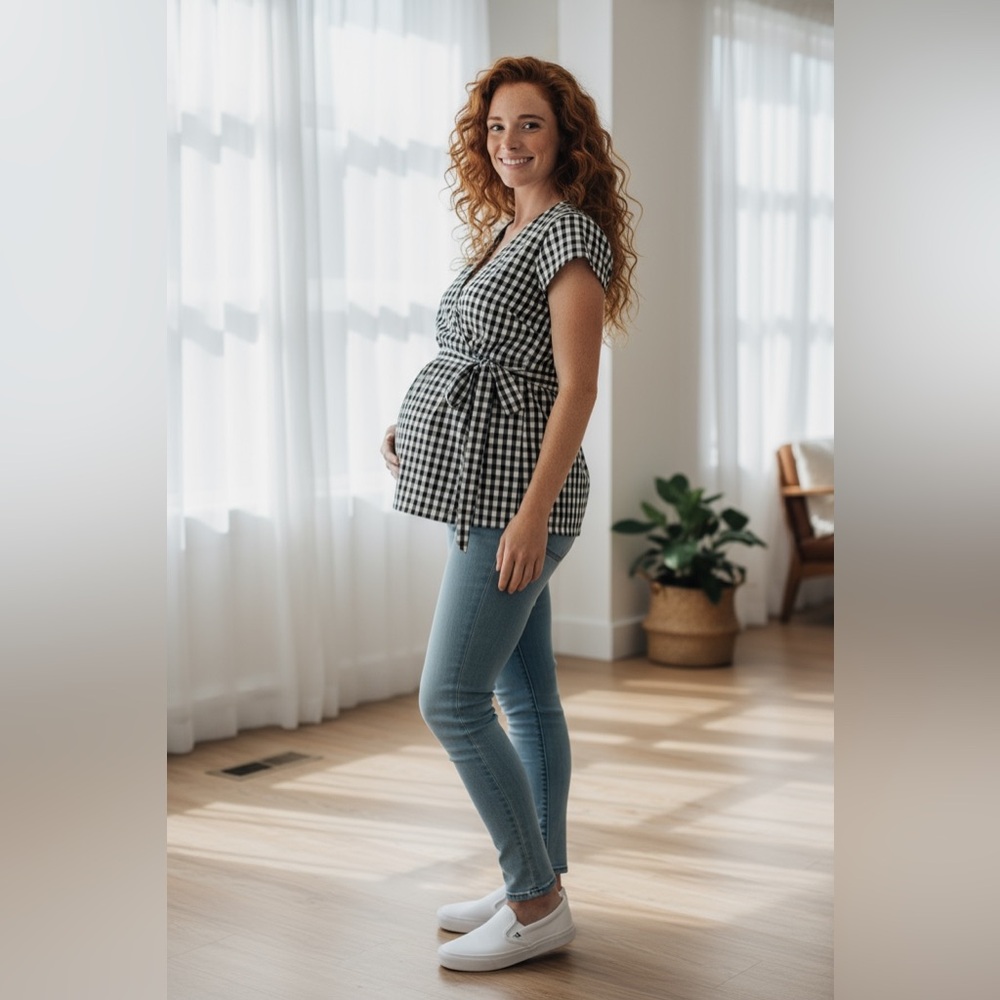 Motherhood V-neck, black & white plaid pullover maternity shirt size small